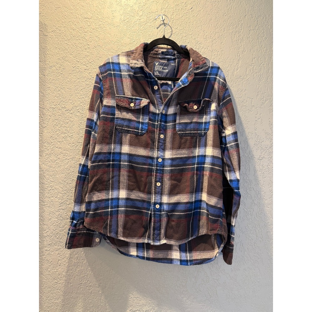 American Eagle Outfitters Plaid Flannel Shirt Athletic Fit Blue Brown Men's L